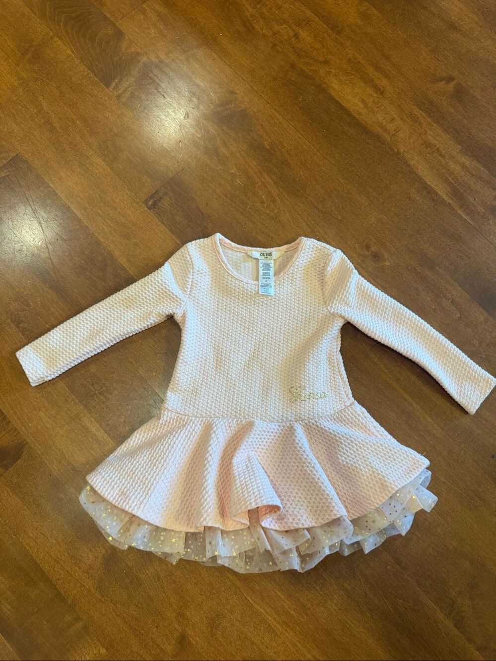 GUESS Kids Girls 2T Pink Textured Dress Gold Star Tulle Sparkle Logo